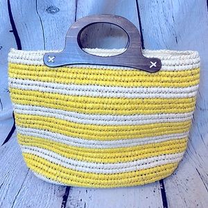 Mirel Yellow Striped Brown Wood Handle Straw Purse Like New Condition